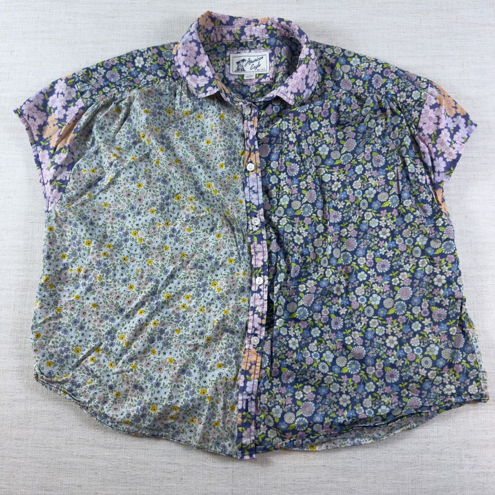 American Eagle Mixed Floral Print Cotton Button Down Shirt Blue Purple Small